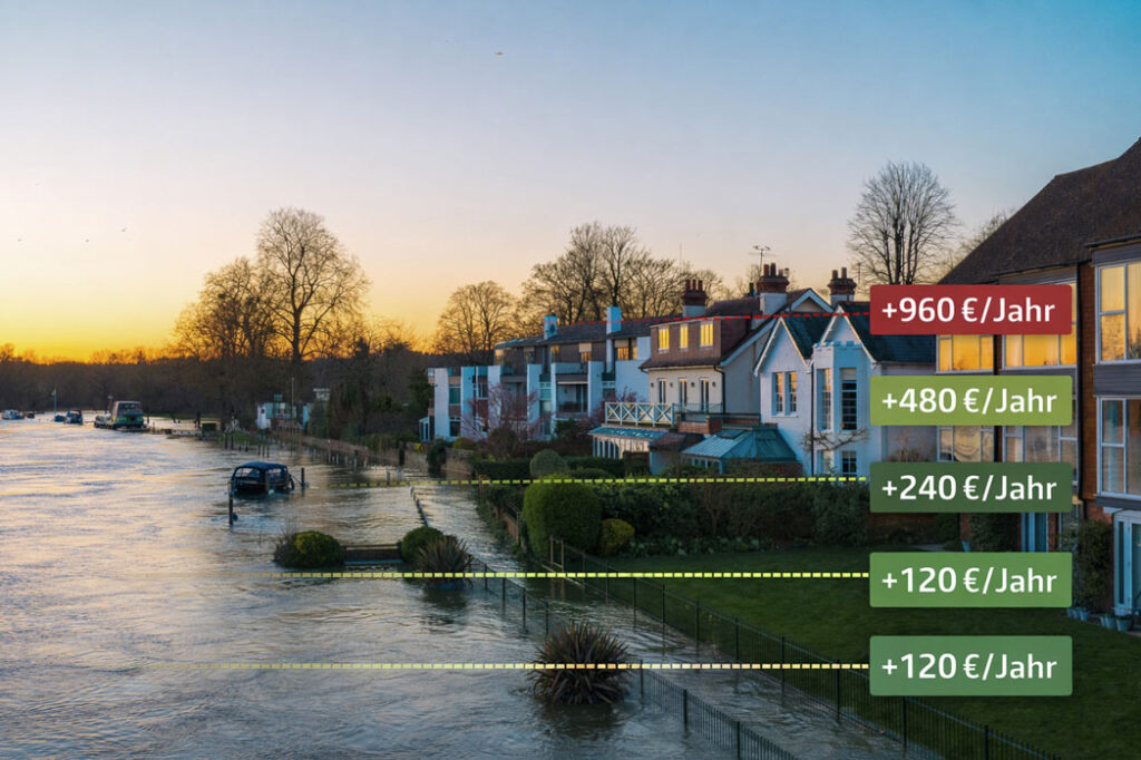 Hochwasser an Wohnhäusern mit datenbasierter Visualisierung der Zusatzkosten für Elementarschadenversicherung durch fb research